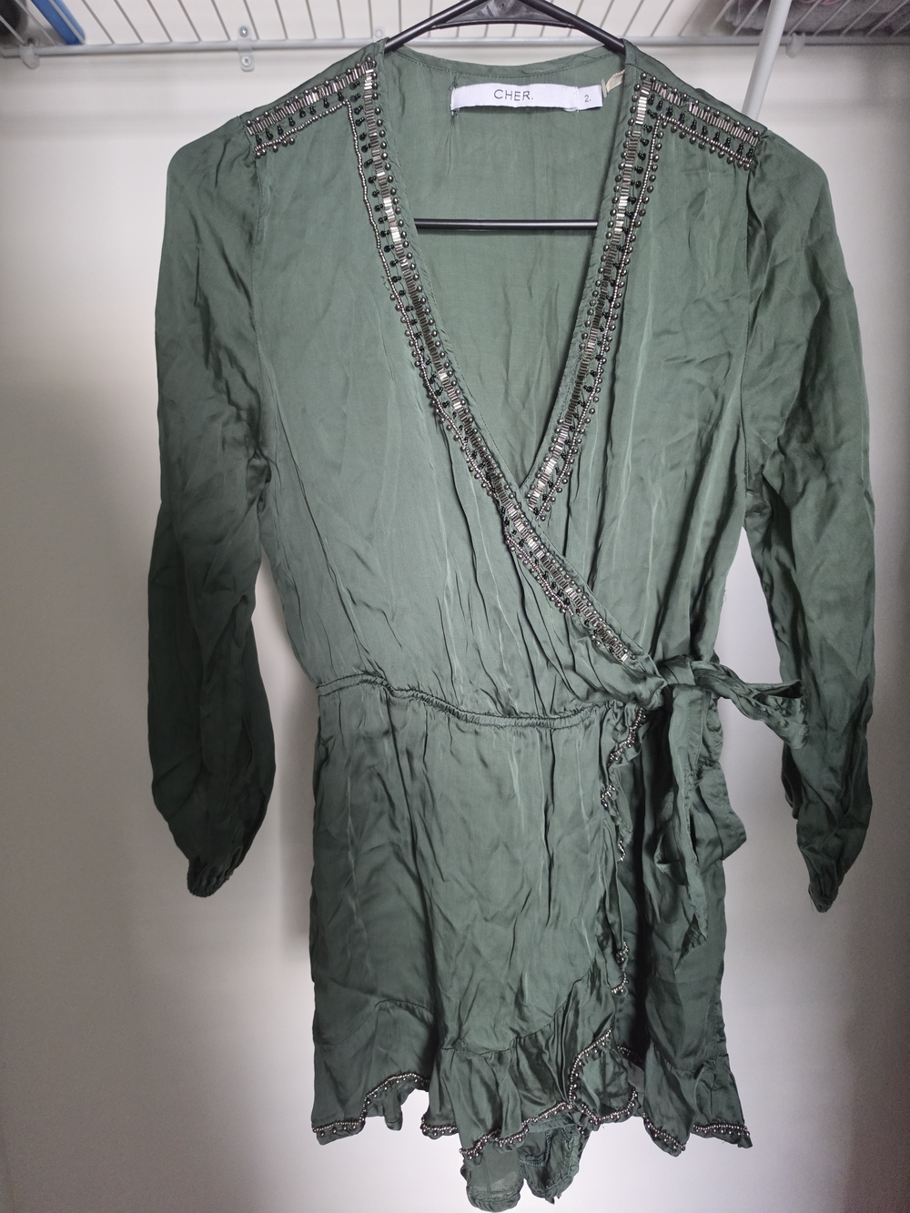 CHER Olive Green Embellished Wrap Robe